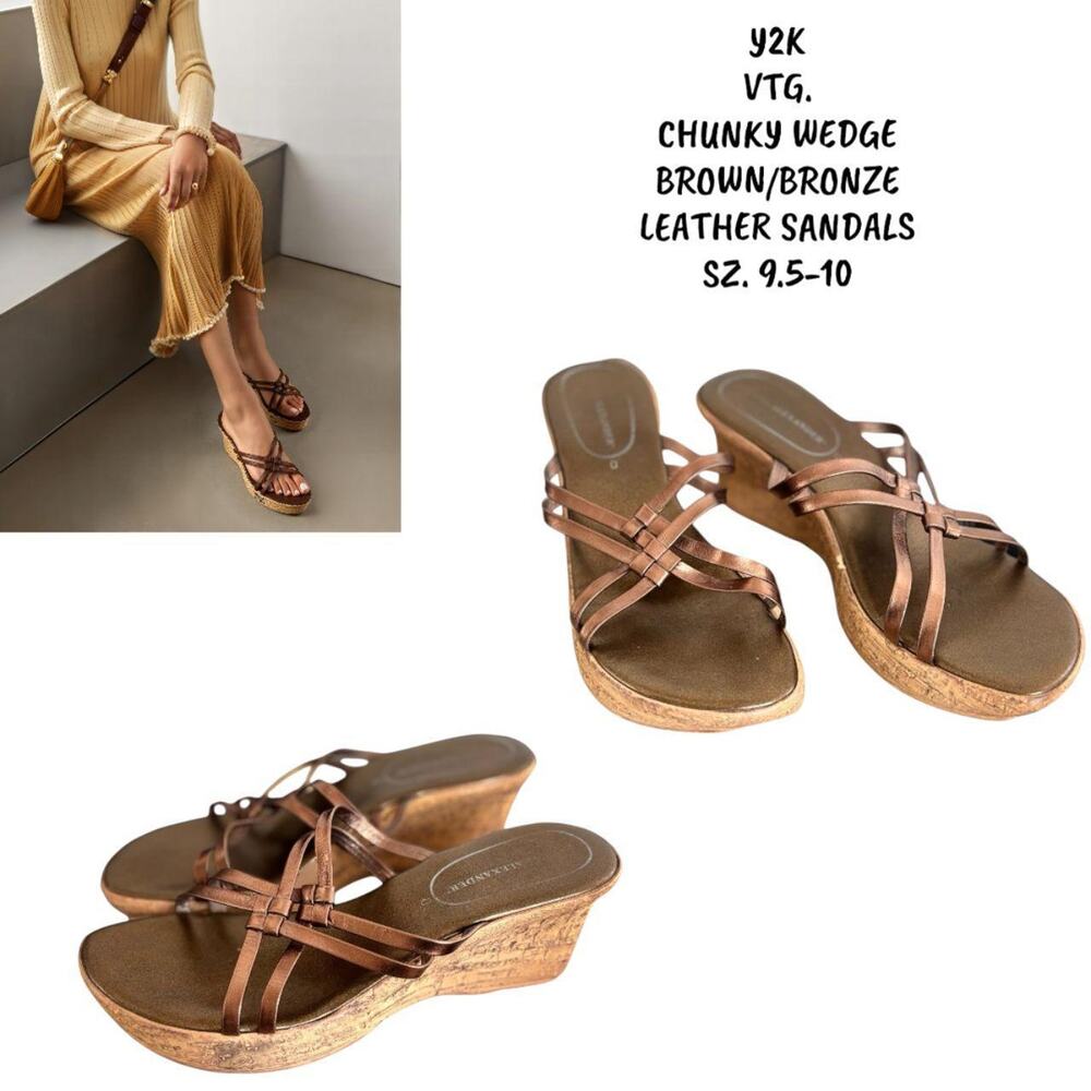 Y2K VTG. CHUNKY BROWN/BRONZE LEATHER WEDGE SANDALS SZ.‎ 9.5-10 EUC